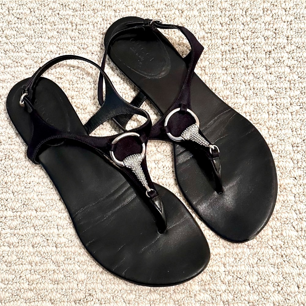 Sz 38 Gucci Black Sandals w/Crystal Horsebit Detail